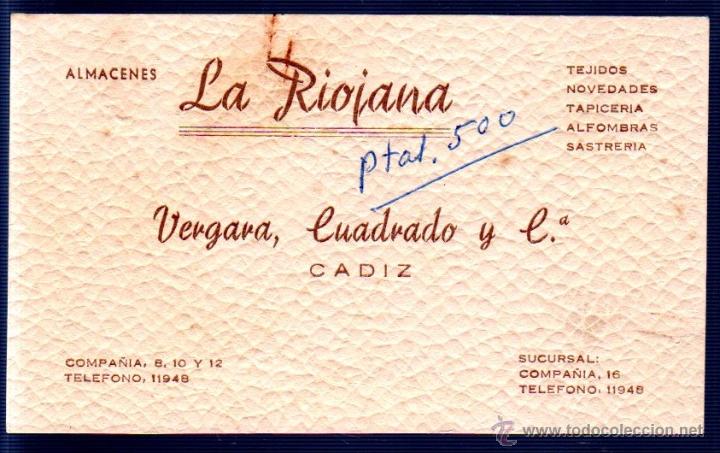 Postkarten: TARJETA PUBLICITARIA DE ALMACENES LA RIOJANA. VERGARA, CUADRADO Y CIA. CAIDZ