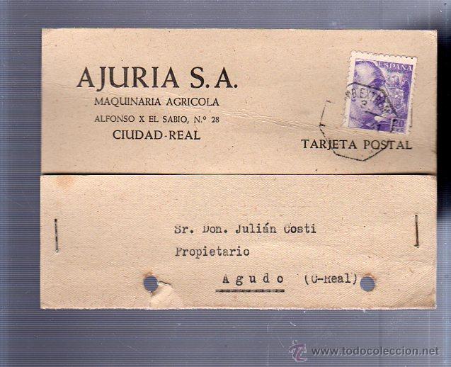 Cartes Postales: TARJETA POSTAL PUBLICITARIA. AJURIA S.A. MAQUINARIA AGRICOLA. CIUDAD REAL. 1941. VER DORSO