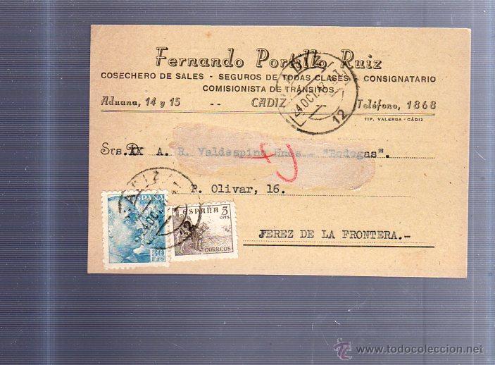 Cartes Postales: POSTAL PUBLICITARIA. FERNANDO PORTILLO RUIZ. SALES, SEGUROS Y COMISIONISTAS. CADIZ. 1947. VER DORSO