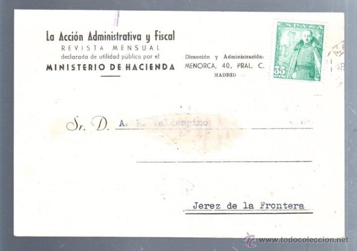 Postkarten: TARJETA POSTAL PUBLICITARIA. LA ACCION ADMINISTRATIVA Y FISCAL. MINISTERIO DE HACIENDA. 1949