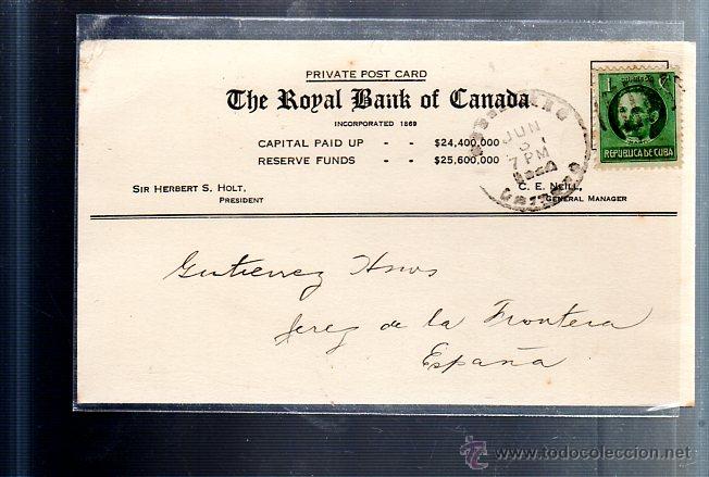 Postcards: TARJETA POSTAL PUBLICITARIA. THE ROYAL BANK OF CANADA. MANZANILLO, CUBA. 1927