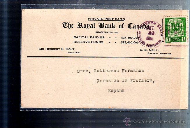 Postcards: TARJETA POSTAL PUBLICITARIA. THE ROYAL BANK OF CANADA. PUERTO PLATA, REPUBLICA DOMINICA. 1927