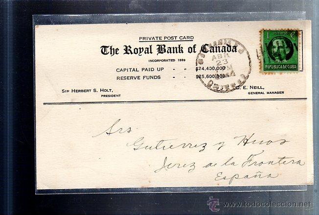 Postcards: TARJETA POSTAL PUBLICITARIA. THE ROYAL BANK OF CANADA. MANZANILLO, CUBA. 1927