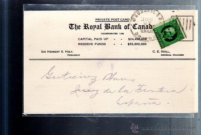 Postcards: TARJETA POSTAL PUBLICITARIA. THE ROYAL BANK OF CANADA. MANZANILLO, CUBA. 1927