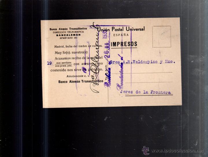 Cartes Postales: TARJETA POSTAL PUBLICITARIA. BANCO ALEMAN TRANSATLANTICO. BANCALEMAN. 1935