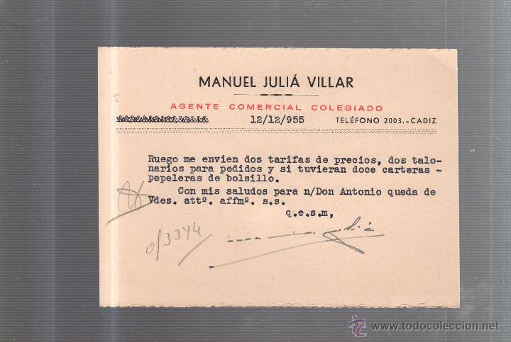Postcards: TARJETA POSTAL PUBLICITARIA. MANUEL JULIA VILLAR. AGNTE COMERCIAL. CADIZ. 1955
