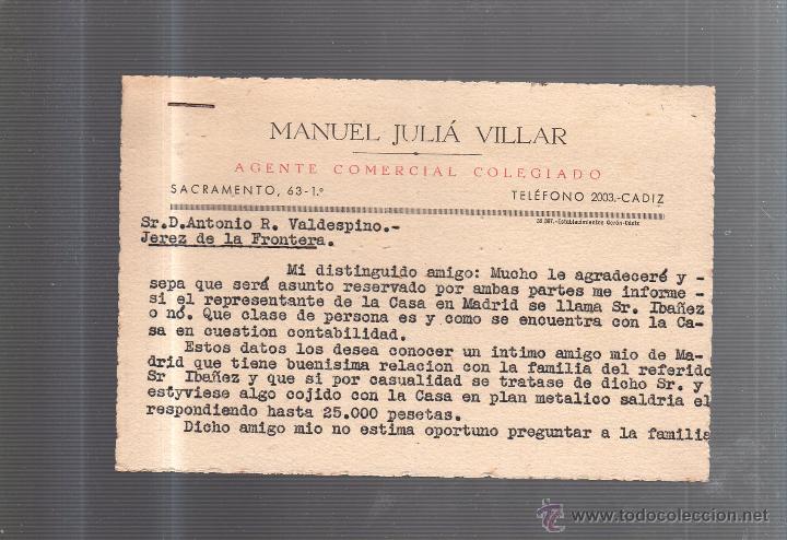 Postkarten: TARJETA POSTAL PUBLICITARIA. MANUEL JULIA VILLAR. AGENTE COMERCIAL. CADIZ. 1946