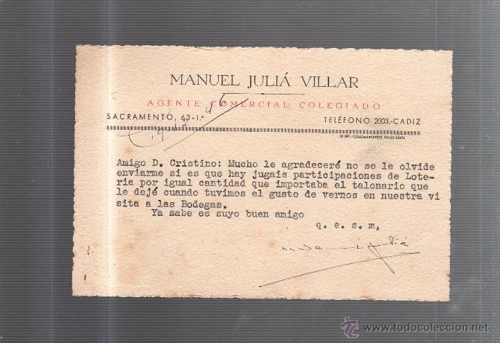 Postkarten: TARJETA POSTAL PUBLICITARIA. MANUEL JULIA VILLAR. AGENTE COMERCIAL. CADIZ. 1946