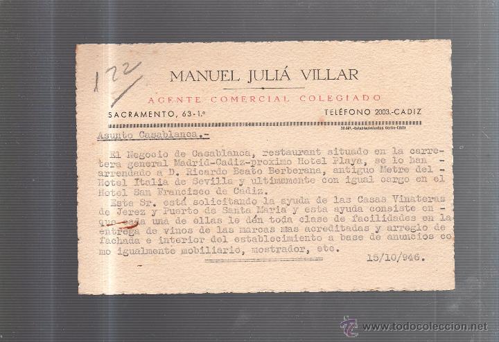 Postkarten: TARJETA POSTAL PUBLICITARIA. MANUEL JULIA VILLAR. AGENTE COMERCIAL. CADIZ. 1946