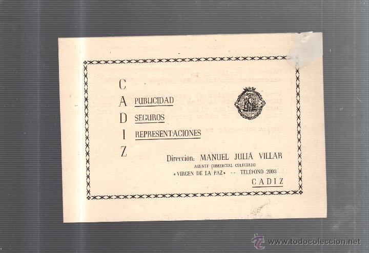 Postkarten: TARJETA POSTAL PUBLICITARIA. CADIZ. PUBLICIDAD SEGUROS REPRESENTACIONES. MANUEL JULIA VILLAR. 1956