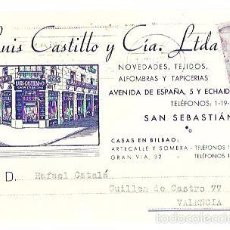 Postales: TARJETA POSTAL PUBLICITARIA. LUIS CASTILLO Y CIA. GRANDES ALMACENES TEJIDOS. SAN SEBASTIAN. 1942