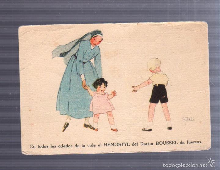 Cartoline: TARJETA POSTAL PUBLICITARIA. HEMOSTYL DEL DOCTOR ROUSSEL. MONJA CON NI&Ntilde;OS.