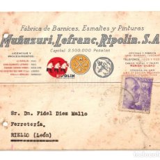 Postales: POSTAL PUBLICIDAD FÁBRICA DE BARNICES ESMALTES Y PINTURAS MUÑUZURI LEFRANC RIPOLIN BILBAO 1941. Lote 108668171