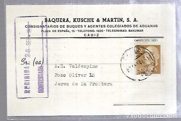 Postkarten: TARJETA POSTAL. PUBLICIDAD. BAQUERA, KUSCHE & MARTIN. CADIZ. 1958