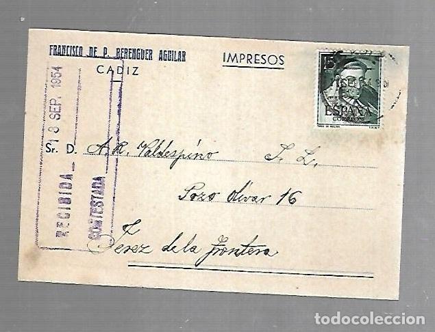Postais: TARJETA POSTAL PUBLICITARIA. FRANCISCO DE P. BERENGUER AGULAR. CADIZ. 1954