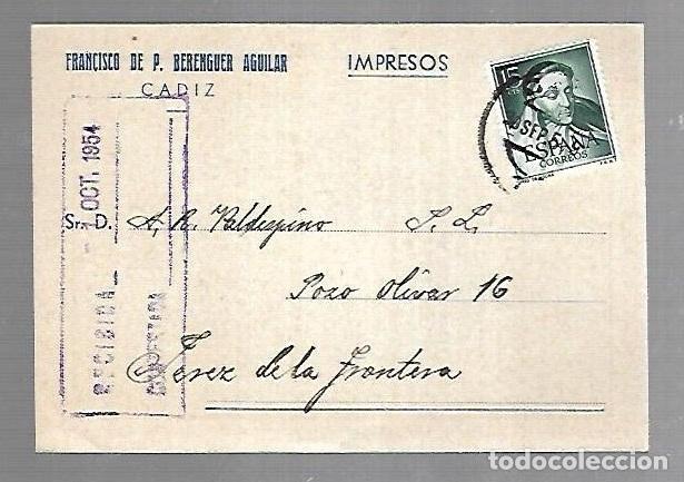 Postais: TARJETA POSTAL PUBLICITARIA. FRANCISCO DE P. BERENGUER AGULAR. CADIZ. 1954