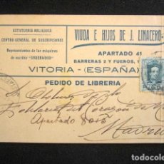 Postales: POSTAL PUBLICITARIA. PUBLICIDAD IMPRESA. VIUDA E HIJOS DE J. LINACERO. CIRCULADA, VITORIA. 1929