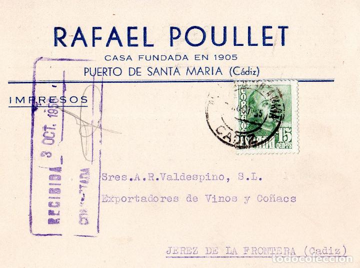 Postcards: TARJETA POSTAL PUBLICITARIA. RAFAEL POULLET. CASA FUNDADA EN 1905. PUERTO DE SANTA MARIA, CADIZ.1956