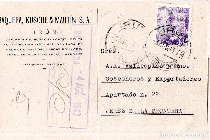 Postais: TARJETA POSTAL PUBLICITARIA. BAQUERA, KUSCHE & MARTIN, S. A. IRUN. 1943.