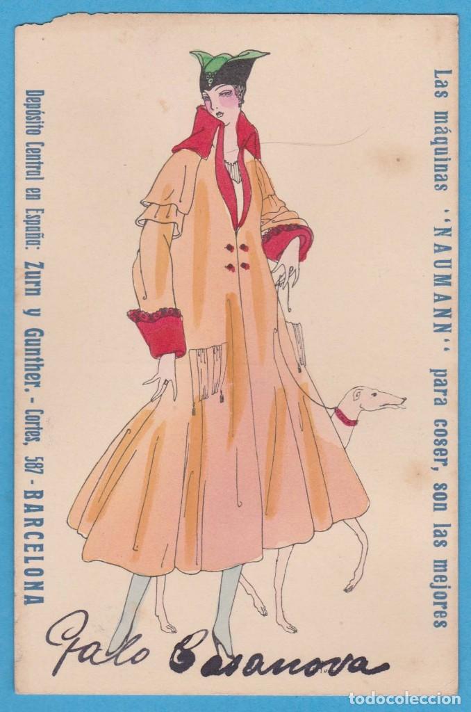 Postales: MUJER CON ABRIGO ROSADO. M&Aacute;QUINAS NAUMANN - Foto 1