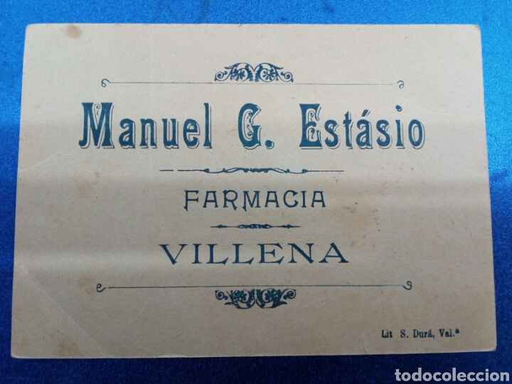 Postais: Cromo recuerdo de la Farmacia Manuel G. Estasio villena .finales de 1800