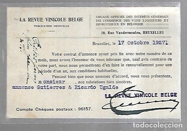 Postkarten: TARJETA POSTAL PUBLICITARIA. LA REVUE VINICOLE BELGE. 1927
