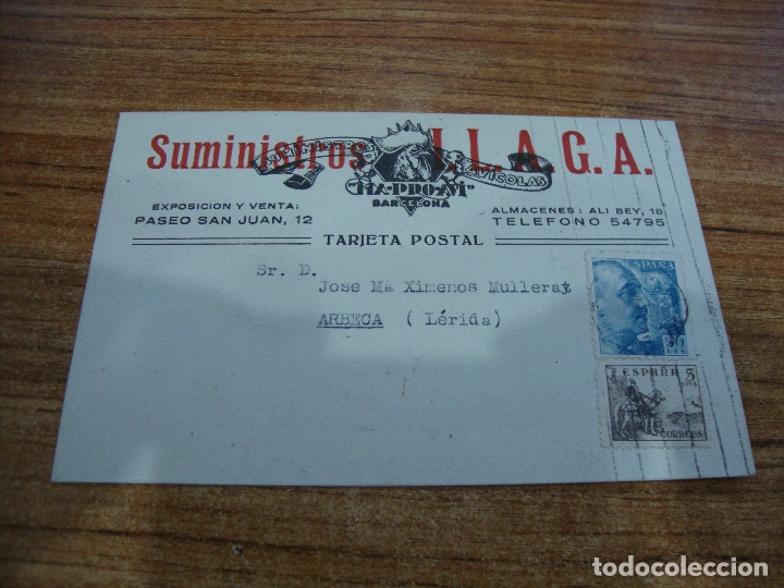 Postales: (ALB-TC-102) TARJETA POSTAL COMERCIAL SUMINISTROS I L A G A BARCELONA1947