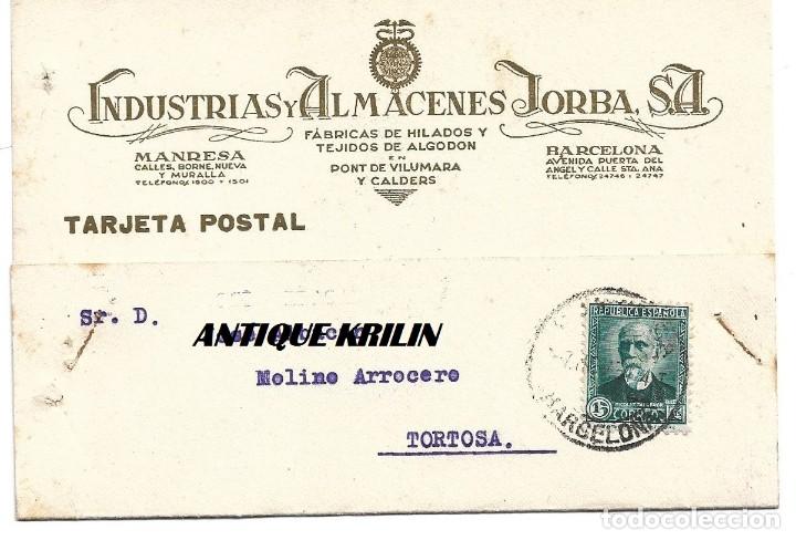 Postales: ENTERO POSTAL INDUSTRIAS Y ALMACENES JORBA , S.A. / FRANQUEADA 1934