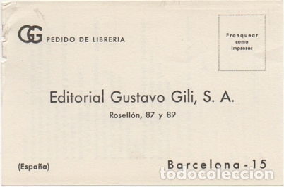 Postales: TARJETA POSTAL. PEDIDO DE LIBRER&Iacute;A. EDITORIAL GUSTAVO GILI S.A.   P-RESP-012