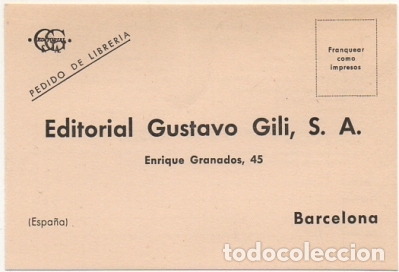Postales: TARJETA POSTAL. PEDIDO DE LIBRERIA. EDITORIAL GUSTAVO GILI S.A.   P-RESP-053