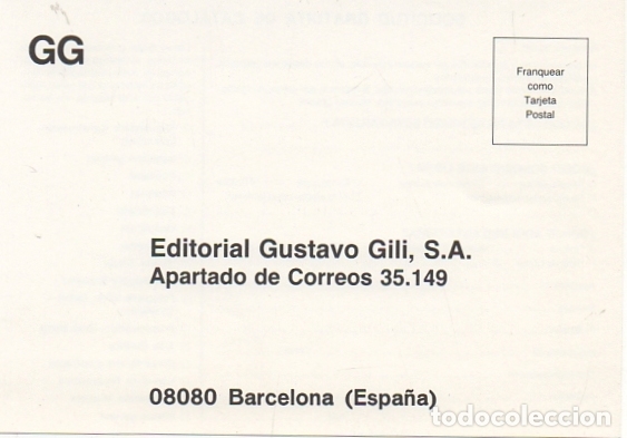 Postales: TARJETA POSTAL. PEDIDO DE LIBRERIA. EDITORIAL GUSTAVO GILI S.A.   P-RESP-081