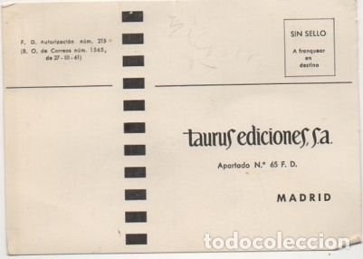 Postales: TARJETA POSTAL. RESPUESTA COMERCIAL. TAURUS EDICIONES S.A.   P-RESP-204