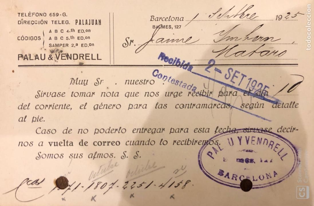 Postales: BARCELONA. PALAU & VENDRELL. 1925. VER DORSO. - Foto 2