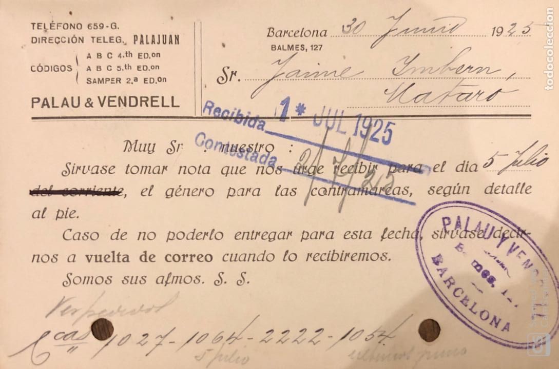Postales: BARCELONA. PALAU & VENDRELL. 1925. VER DORSO. - Foto 2