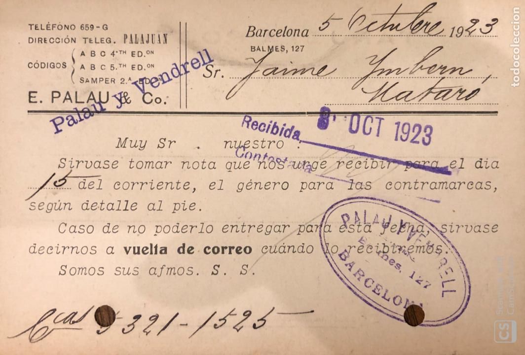 Postales: BARCELONA. E.PALAU & CO. 1923. VER DORSO - Foto 2