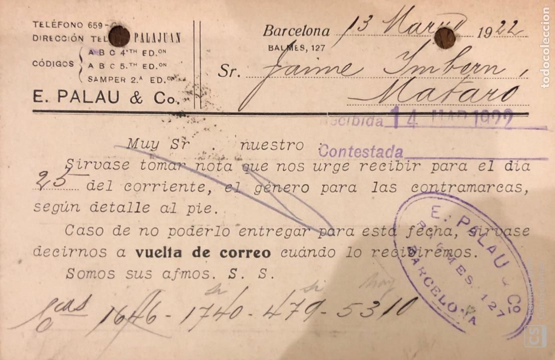 Postales: BARCELONA. E.PALAU & CO. 1922. VER DORSO - Foto 2