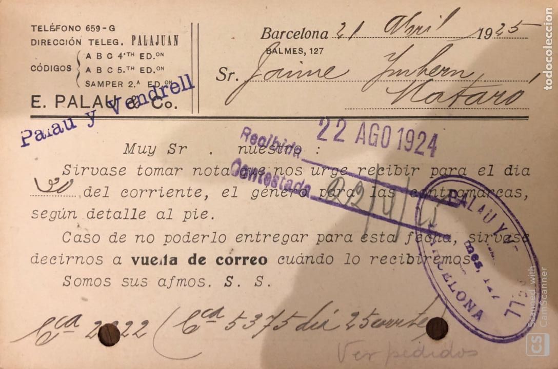 Postales: BARCELONA. PALAU & CO. 1925. VER DORSO. - Foto 2