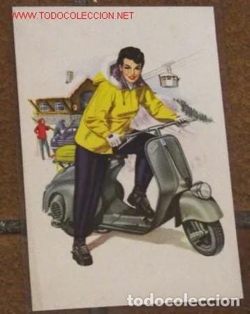 Postales: Postal del Club Vespa : Se&ntilde;ora con moto en la sierra.