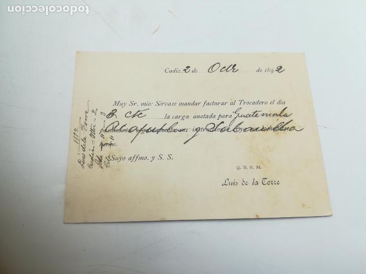Postkarten: TARJETA POSTAL PUBLICITARIA. 1892. CADIZ. LUIS DE LA TORRE. CARGA PARA GUATEMALA.