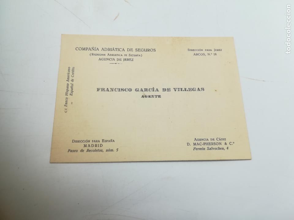Postkarten: TARJETA POSTAL PUBLICITARIA. FRANCISCO GARCIA DE VILLEGAS. AGENTE. CIA ADRI&Aacute;TICA DE SEGUROS