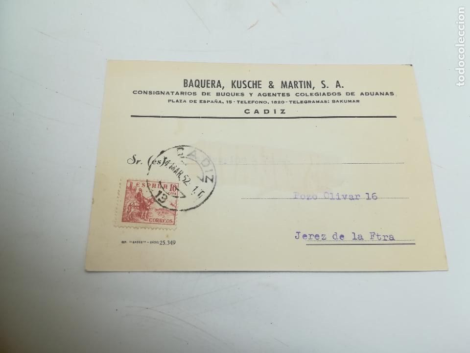 Cartes Postales: TARJETA POSTAL PUBLICITARIA. BAQUERA, KUSCHE & MARTIN S.A. CADIZ. 1952. BUQUE BELLONA