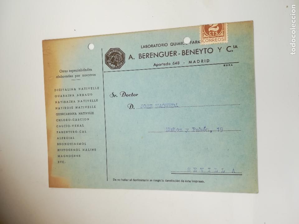 Postkarten: TARJETA POSTAL PUBLICITARIA. A.BERENGUER-BENEYTO Y CIA. ANEMIHEPAT. VER DORSO