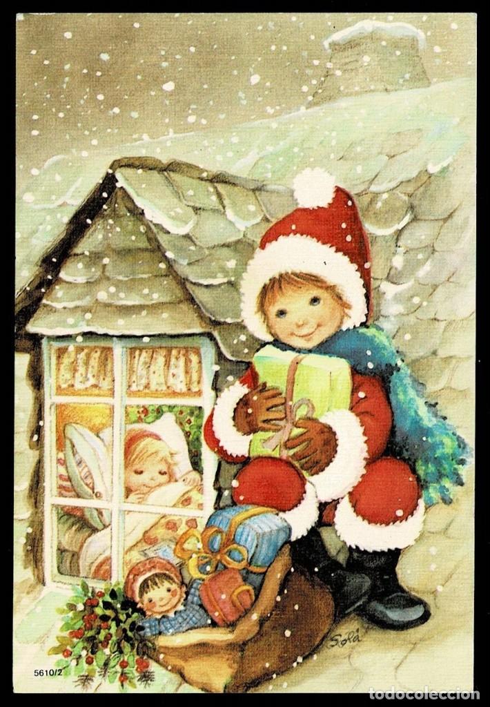 Postales: 0841K - SOL&Aacute; - SANTA CLAUS DEJANDO REGALOS EN LA VENTA- SERIE5610.2- SENCILLA 12,5X8,5 CM