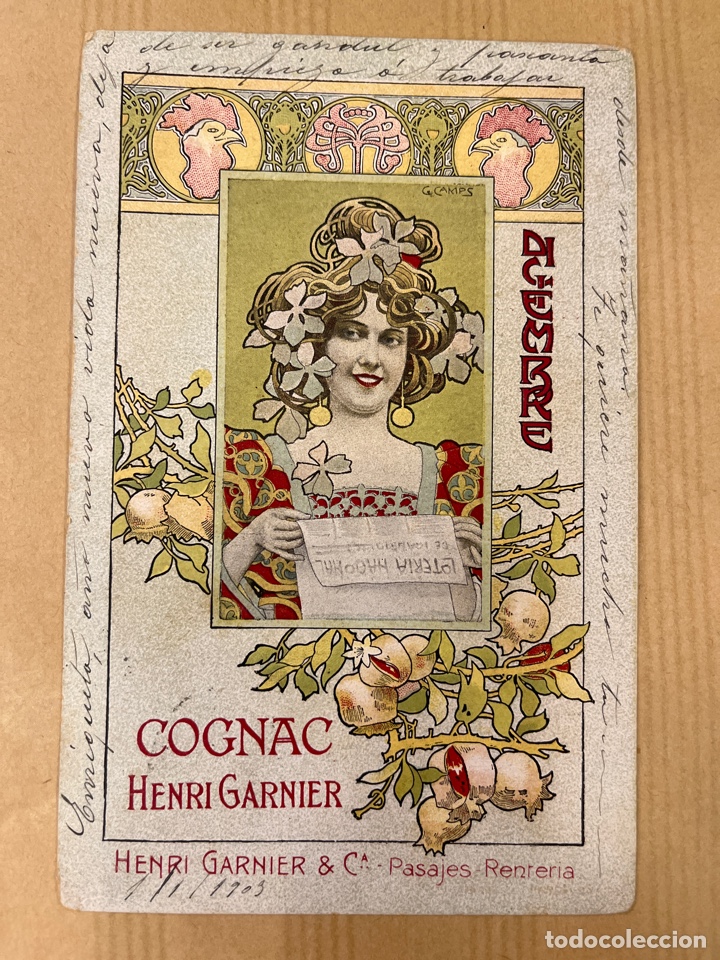 Cartoline: TARJETA POSTAL CON PUBLICIDAD DE COGNAC HENRI GARNIER. Con dedicatoria de 1903. Ilustrada G. Camps.