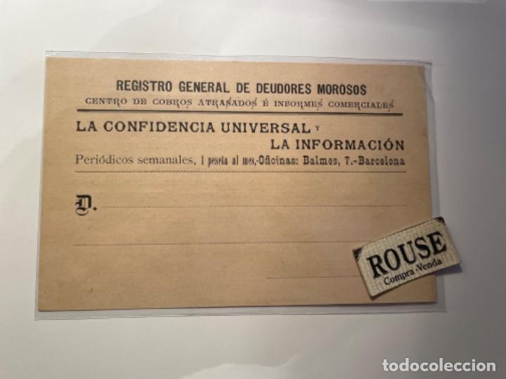 Postcards: ANTIGUA POSTAL PUBLICITARIA REGISTRO GENERAL DE DEUDORES MOROSOS - LA CONFIDENCIA UNIVERSAL BARCELON
