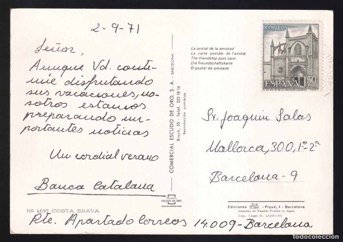 Cartes Postales: Banca Catalana. Dorso publicitario sobre-impreso. Circulada 1971.
