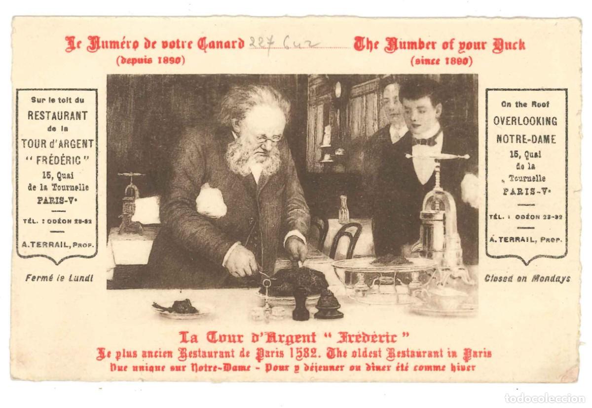 Postales: TARJETA PUBLICITARIA- RESTAURANT DE LA TOUR D'ARGENT FR&Eacute;D&Eacute;RIC. PARIS- A&Ntilde;OS 20