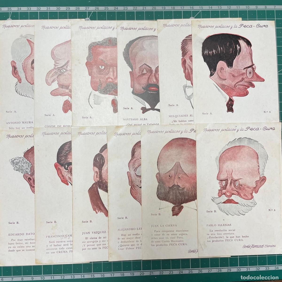 Postkarten: Juego completo de Nuestros pol&iacute;ticos y la PECA-CURA serie A y B, 12 postales sin circular