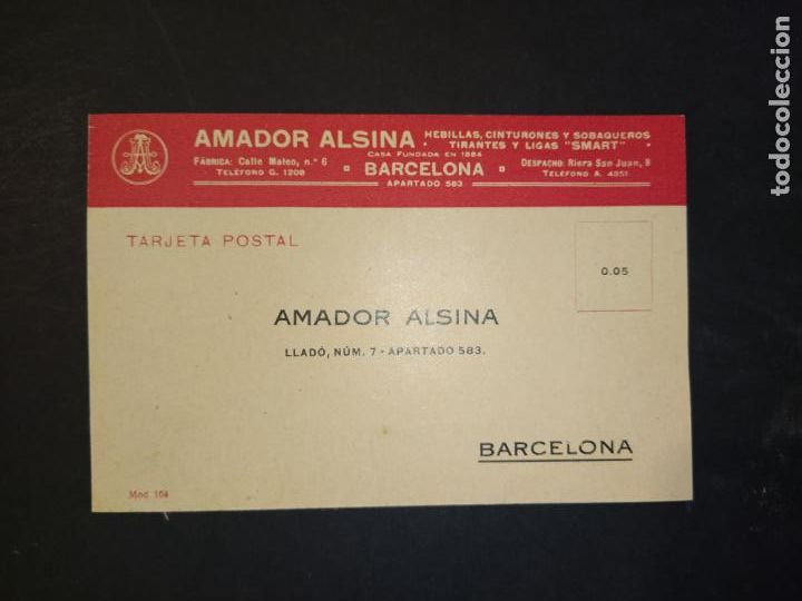 Postais: BARCELONA-AMADOR ALSINA HEBILLAS CINTURONES ETC-POSTAL PUBLICIDAD ANTIGUA-VER FOTOS-(104.477)