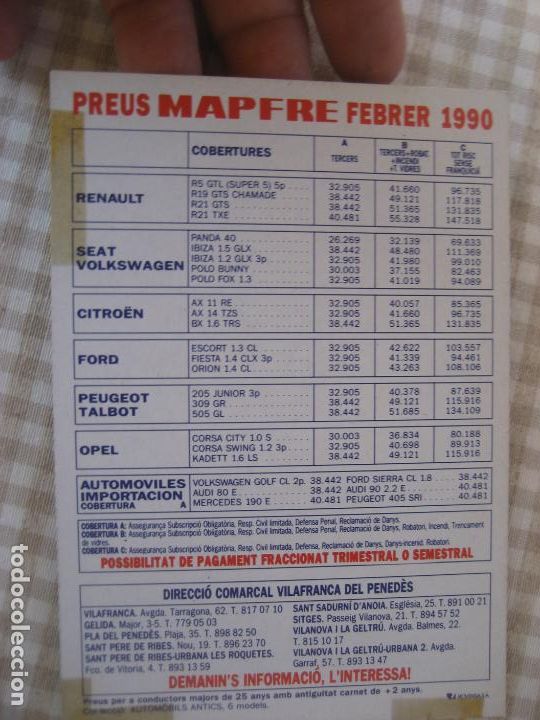 Postales: Mapfre. 1990. Postal con tarifas seguros - Foto 2